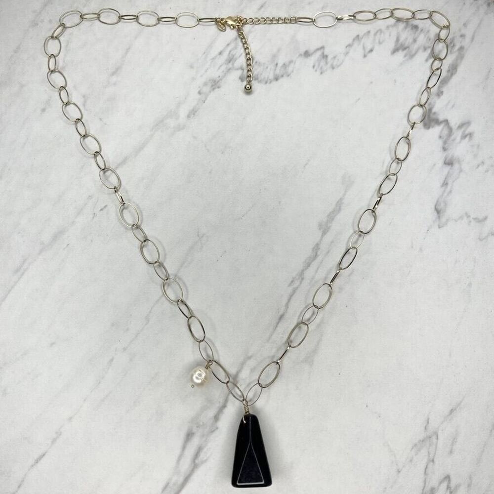 Chico's Gold Tone Chain Link Faux Pearl Pyramid Necklace